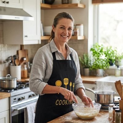 Femme-souriante-portant-un-tablier-de-cuisine-noir-avec-motif-d-ustensiles préparant une pâte