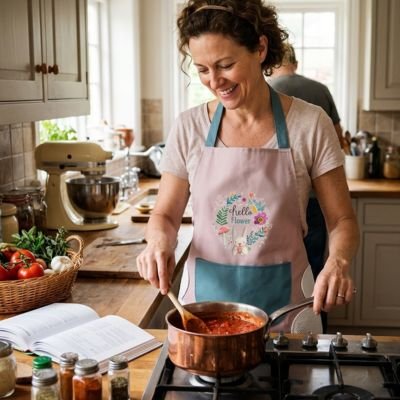 Femme souriante portant un tablier de cuisine rose avec grande poche préparant une sauce dans une cuisine