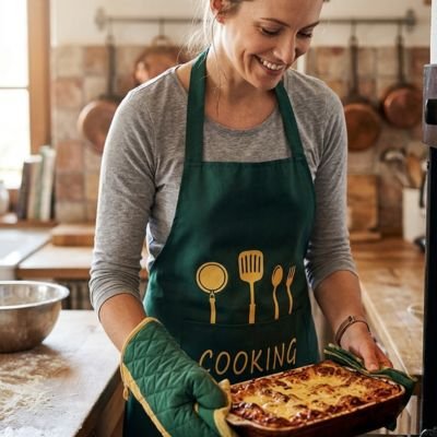 Femme souriante portant un tablier de cuisine vert avec motif d ustensiles sortant un gratin du four