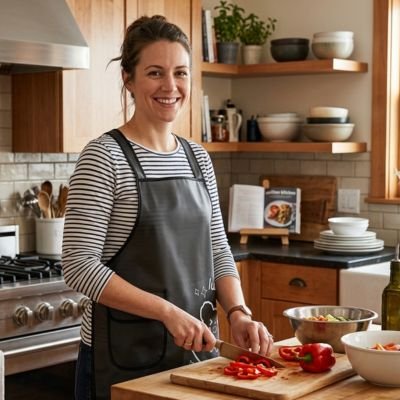 Femme souriante préparant des légumes avec un tablier imperméable gris dans une cuisine  