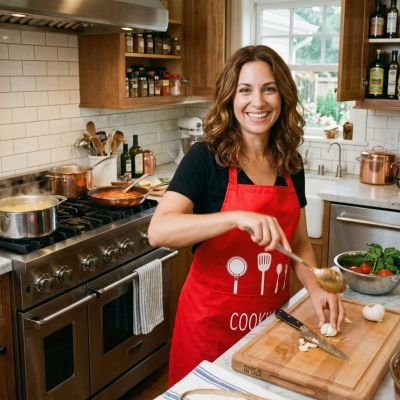 Femme souriante préparant un repas avec un tablier de cuisine rouge avec motif d ustensiles dans une cuisine