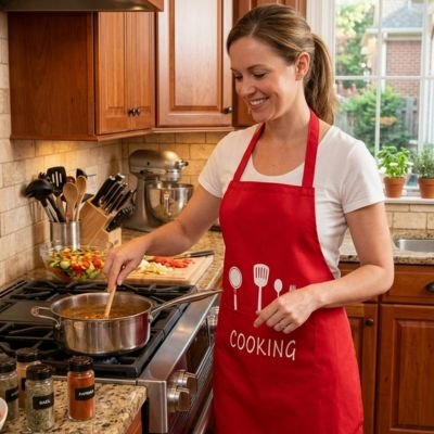 Femme souriante préparant un repas avec un tablier de cuisine rouge dans une cuisine moderne