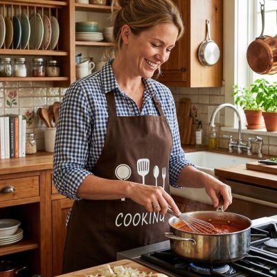 Femme souriante préparant- une sauce avec un tablier de cuisine marron dans une cuisine moderne