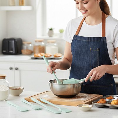 Femme utilisant spatule cuisine en silicone pour mélanger préparation dans saladier aluminium 