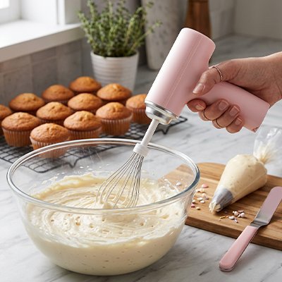 Fouet electrique rose melangeant creme  dans saladier verre