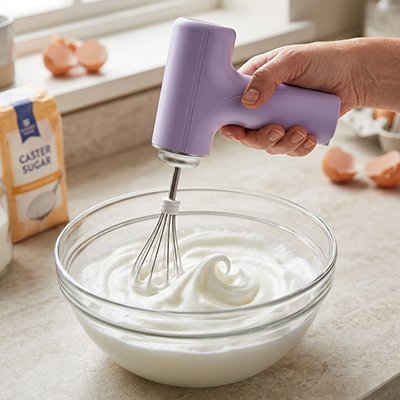 Fouet electrique violet melangeant oeufs dans saladier verre 