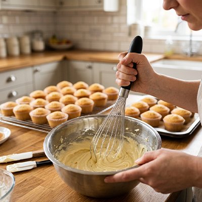 Fouet en acier inoxydable mélangeant pâte à gâteau dans saladier 