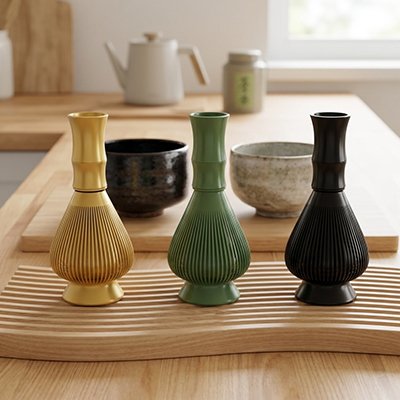 Fouet matcha disponible plusieurs couleurs présenté plateau bois