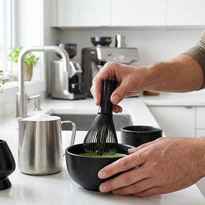 Fouet matcha noir mélangeant thé dans bol céramique 