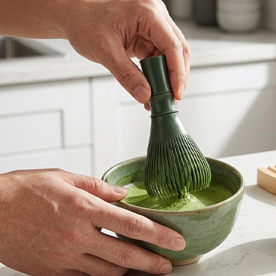 Fouet matcha vert mélangeant thé dans bol céramique