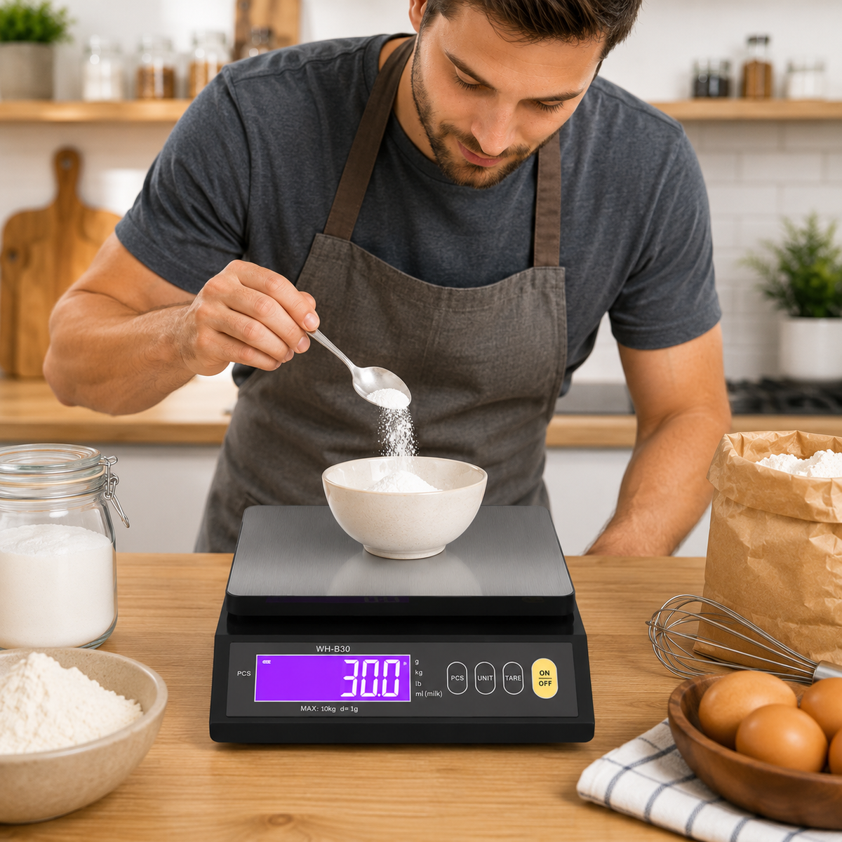 Homme peser précision ingrédients balance de cuisine numérique