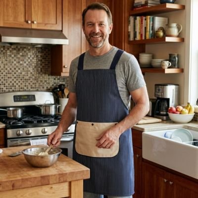 Homme souriant portant un tablier de cuisine rayé avec grande poche dans une cuisine
