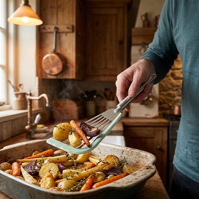 Homme utilisant Spatule Cuisine pour préparer plat de légumes 
