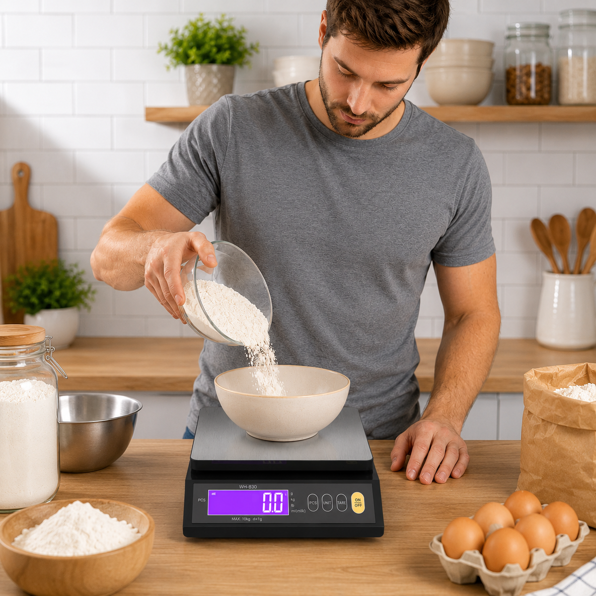 Homme versant farine précision bol sur balance de cuisine