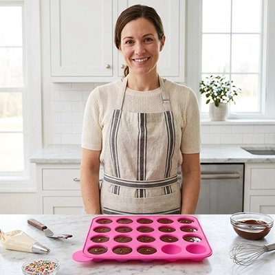 Moule silicone remplis de chocolat posé sur une table à coté d'une Jeune femme souriante
