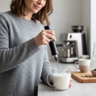Mousseur à lait électrique noir dans un verre de lait