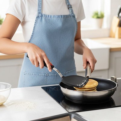 Spatule antiadhésive utilisée pour retourner pancakes dans poêle