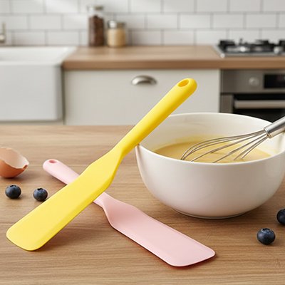 spatule en silicone jaune et rose posée sur table