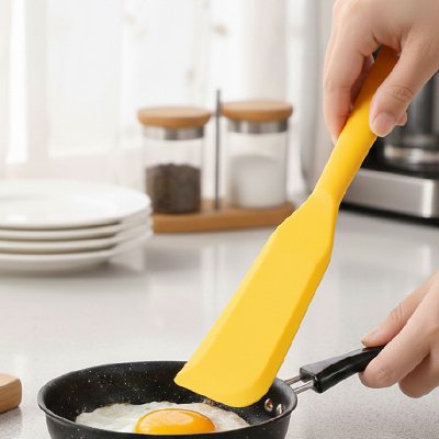 spatule en silicone jaune retournant œuf au plat dans poêle 