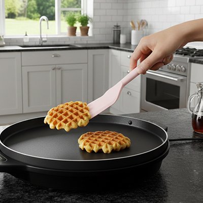 spatule en silicone rose soulevant gaufre sur plaque cuisson
