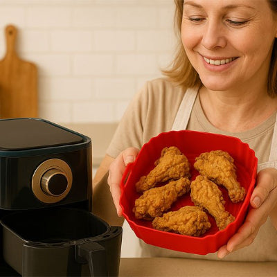 Une femme tenant moules en silicone rouge contenant des pilons de poulet